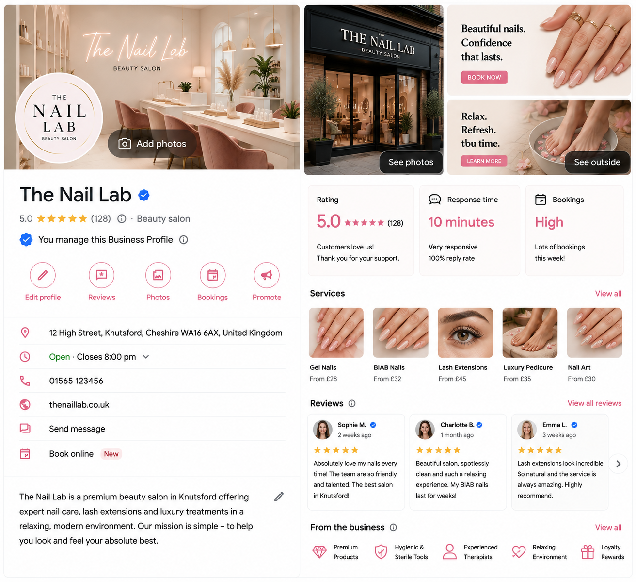 Example of an optimised Google Business Profile for a UK beauty salon by LocalFound