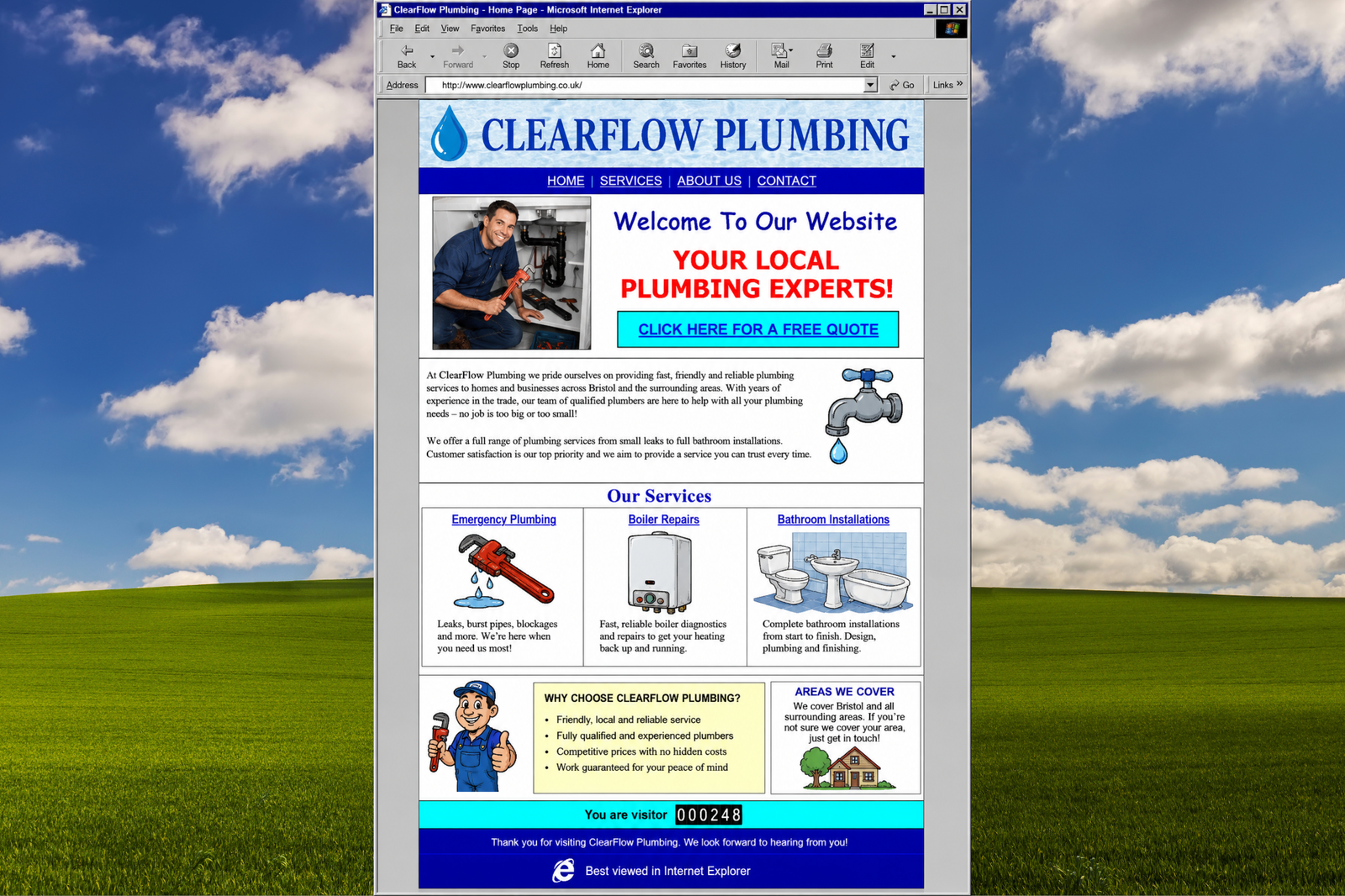Example of an old, outdated website for a fictional local plumbing business