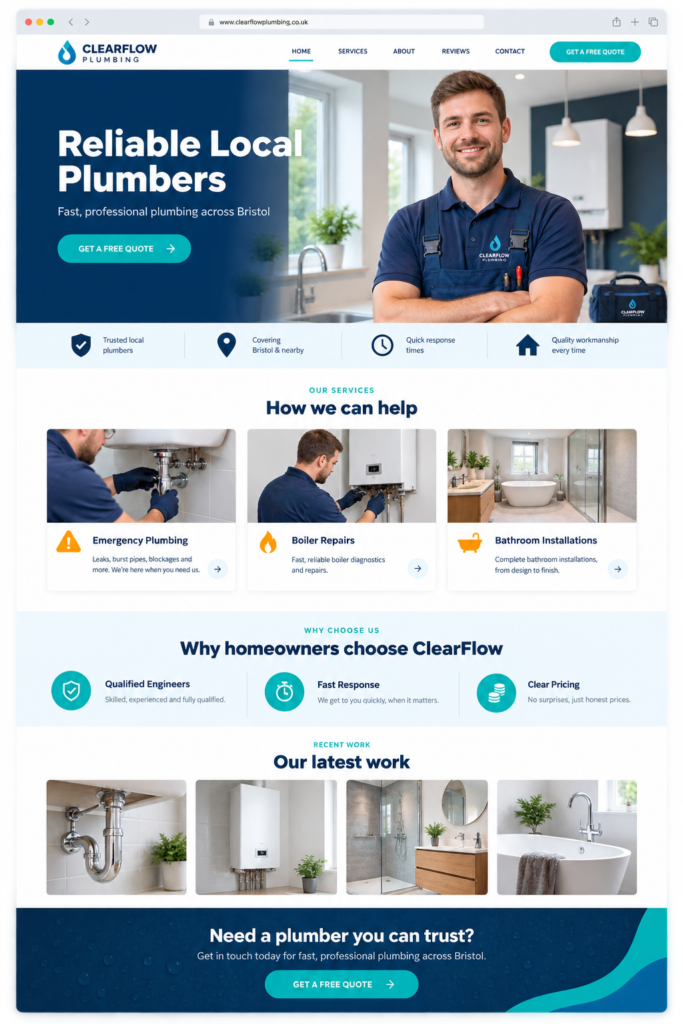 Professional website design example for a fictional UK local plumbing business
